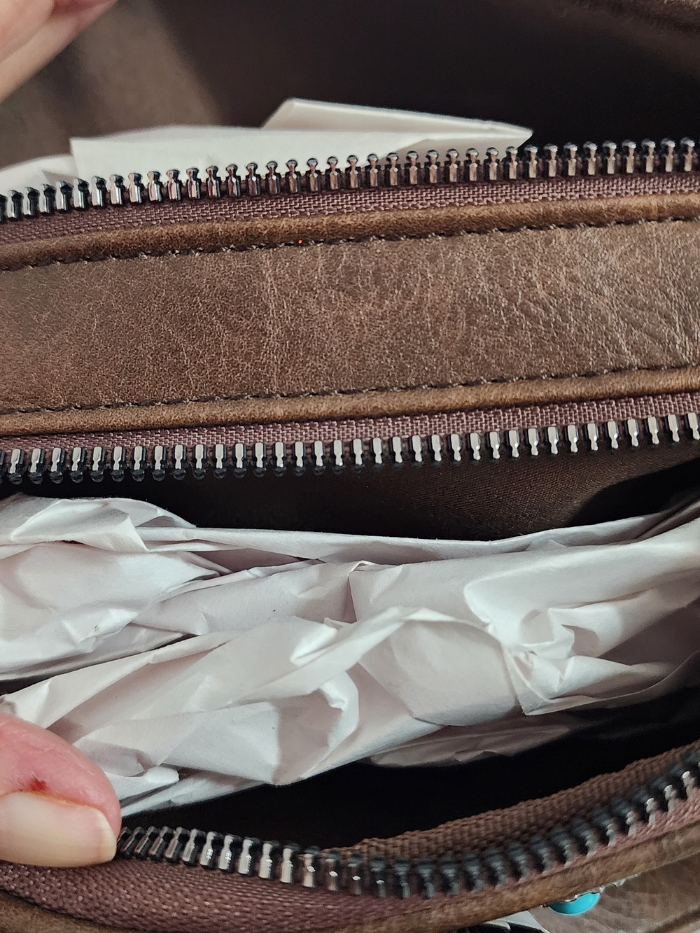 Western Style Embossed Brown Vegan Leather Crossbody Bag with Turquoise Accent - Picture 6 of 11